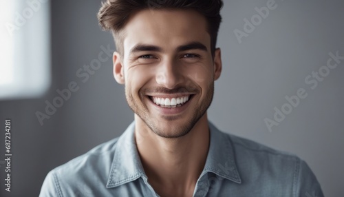 Young man with beautiful smile on grey background. Teeth whitening photo