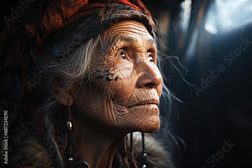 A portrait of a woman's face, filled with the stories and wisdom of a life well-lived, gazes up to the side with a serene and contemplative expression