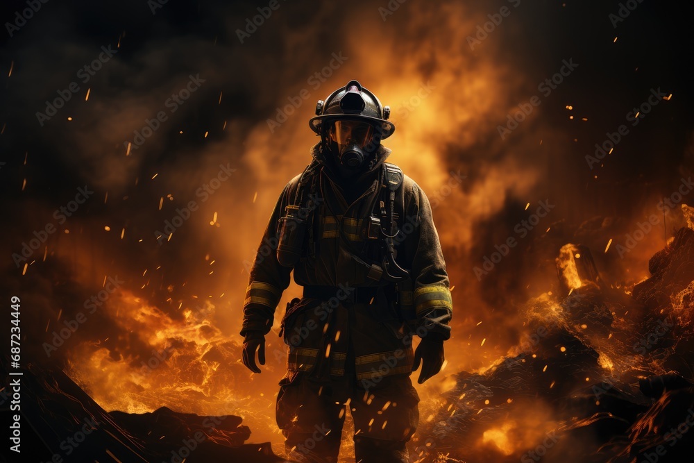 A lone firefighter stands bravely amidst the chaos of a raging fire, their helmet glinting in the orange glow as smoke billows around them, embodying the violence and danger of their noble profession A lone firefighter stands bravely amidst the chaos of a raging fire, their helmet glinting in the orange glow as smoke billows around them, embodying the violence and danger of their noble profession
