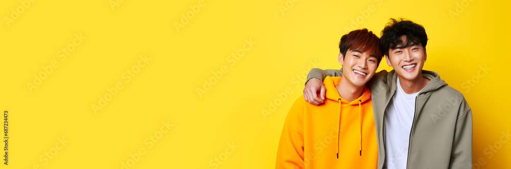 Male gay friends Asian guys in love smiling at camera on yellow background. Laughing young LGBTQ men hugging together. Portrait student boys. Happy Korean couple. Copy paste banner place for text Male gay friends Asian guys in love smiling at camera on yellow background. Laughing young LGBTQ men hugging together. Portrait student boys. Happy Korean couple. Copy paste banner place for text