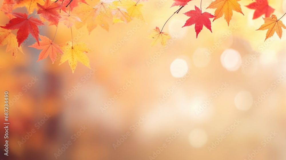 Web banner design for autumn season and end year activity with red and yellow maple leaves with soft focus light and bokeh background
