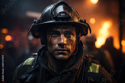 A brave firefighter navigates the bustling city streets, his determined human face hidden behind a sturdy helmet as he dutifully wears his protective gear