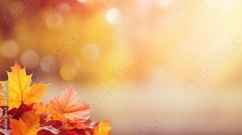 Web banner design for autumn season and end year activity with red and yellow maple leaves with soft focus light and bokeh background