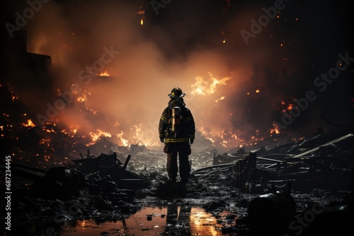 Amidst the raging flames and suffocating smoke, a brave firefighter stands in the midst of a fiery field, battling pollution and the scorching heat of the night, with the majestic mountain as their b photo