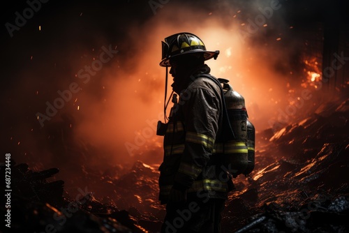 A dedicated firefighter battles the destructive flames of the night, adorned in a protective bluecollar helmet and workwear, amidst the thick smoke and pollution of the outdoor inferno