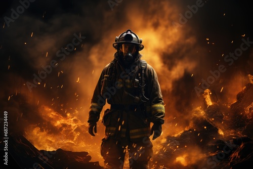 A lone firefighter stands bravely amidst the chaos of a raging fire, their helmet glinting in the orange glow as smoke billows around them, embodying the violence and danger of their noble profession