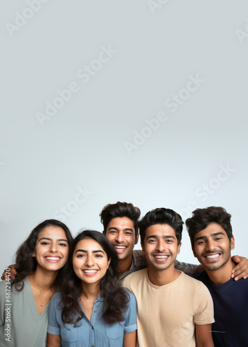 Vertical banner of group of Indian friends taking selfie picture smiling at camera. Laughing young people celebrating on white studio background. Empty space place for text, copy paste