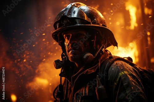 A fearless firefighter braves the intense heat and suffocating smoke, donning a helmet upon a helmet as he battles the raging outdoor inferno