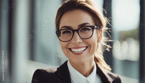 Young happy cheerful professional business woman, happy laughing female office worker wearing glasse