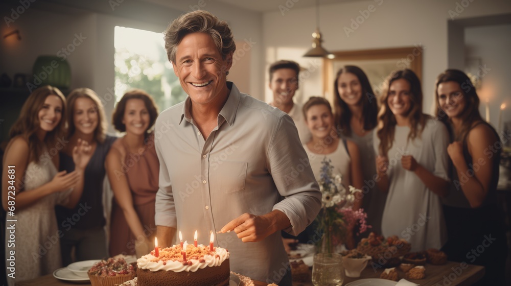 happy handsome elderly man grandpa holding cake with lit candles at home.Happy big caucasian family wearing party hats celebrating grandfather's birthday indoors in living room at home happy handsome elderly man grandpa holding cake with lit candles at home.Happy big caucasian family wearing party hats celebrating grandfather's birthday indoors in living room at home