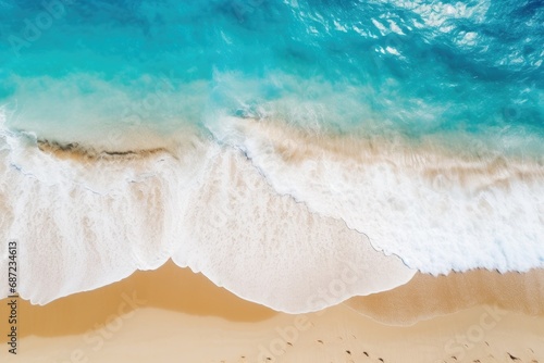 Aerial View of Turquoise Waves Crashing on Golden Sands