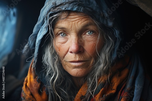 A wise and weathered woman gazes out from beneath her hood, her face adorned with wrinkles and her skin a map of her journey through life