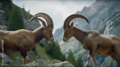 Ibex fight in the rocky mountain area wild animals.Generative AI