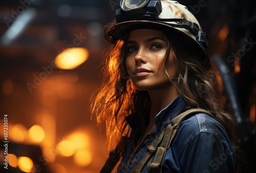 A fierce female firefighter stands confidently on the street, her human face determined beneath a hard hat and uniform, showcasing the perfect combination of strength and fashion © Larisa AI