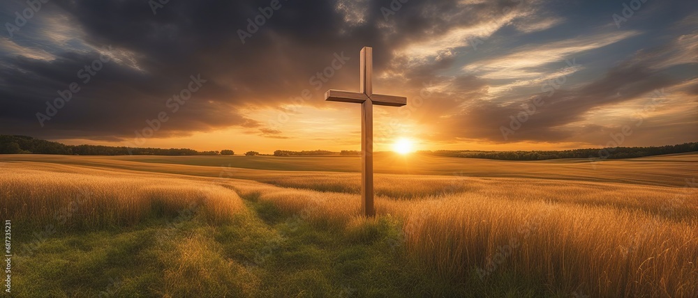 Sunset Over Field: Silhouette of a Cross Sunset Over Field: Silhouette of a Cross