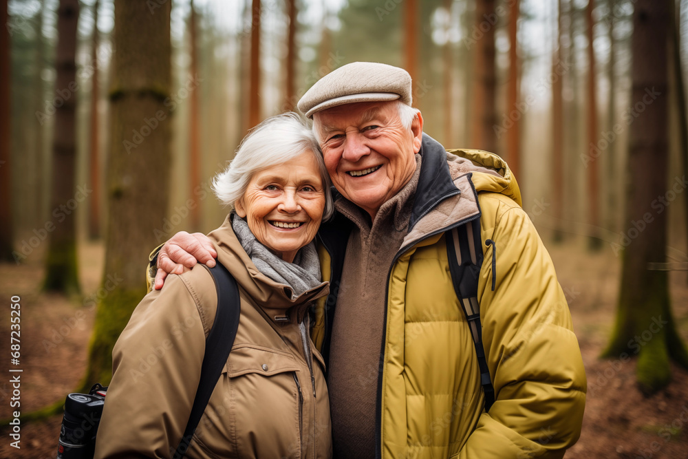 Senior couple hiking in the forest. They are looking at camera and smiling.