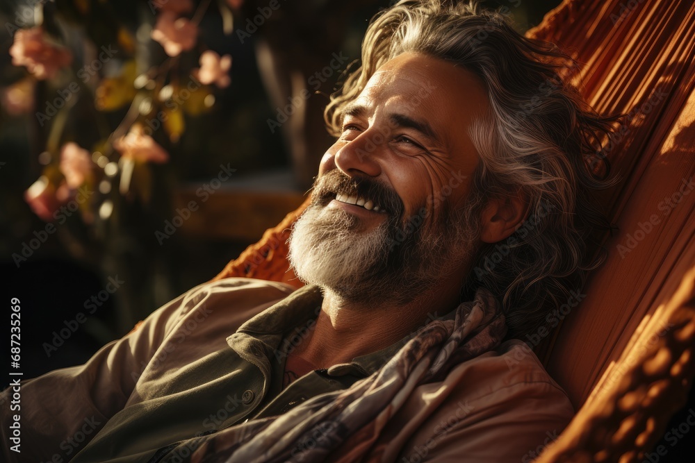 A contented man relaxes in a hammock, his warm smile radiating joy as he enjoys the peacefulness of indoor music A contented man relaxes in a hammock, his warm smile radiating joy as he enjoys the peacefulness of indoor music