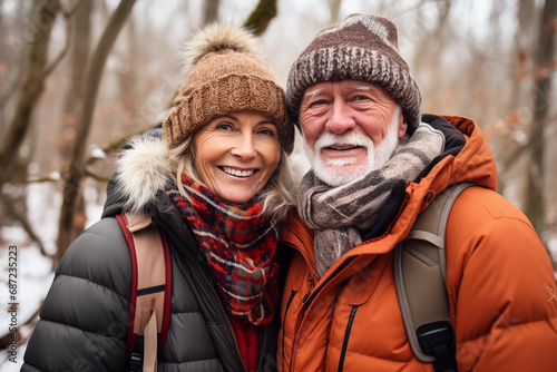 Happy senior couple walking in winter forest. They are smiling and looking at camera. Travel in retirement