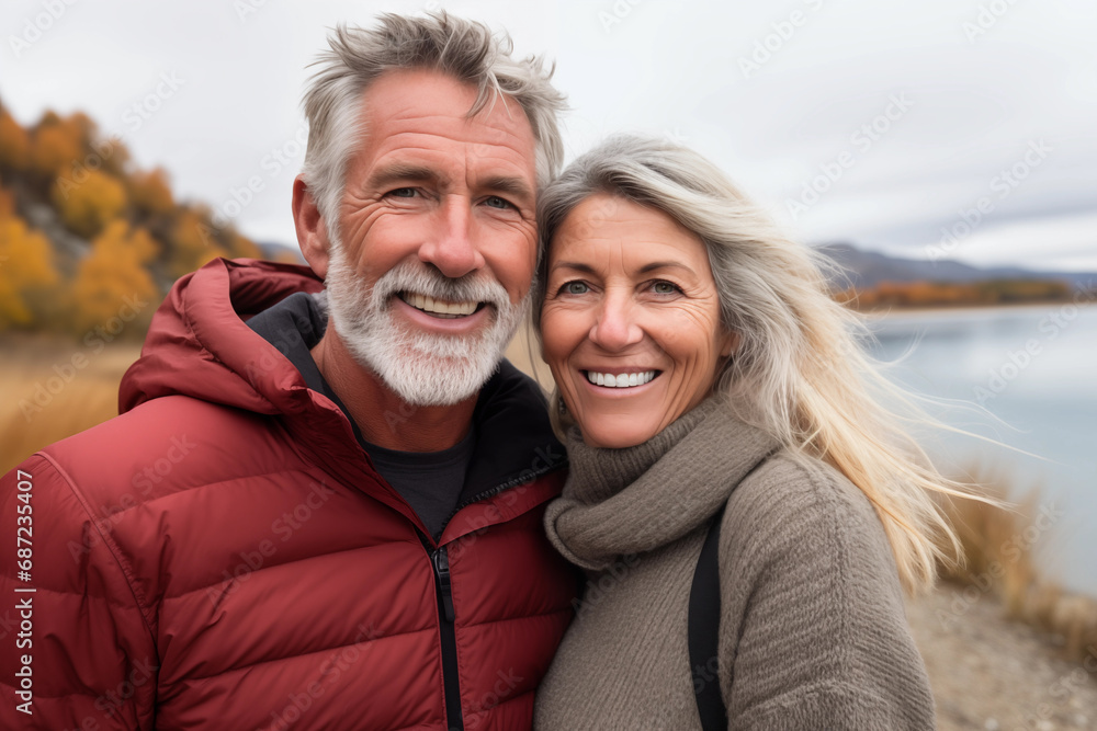 Portrait of a happy senior couple standing by the lake in autumn Portrait of a happy senior couple standing by the lake in autumn