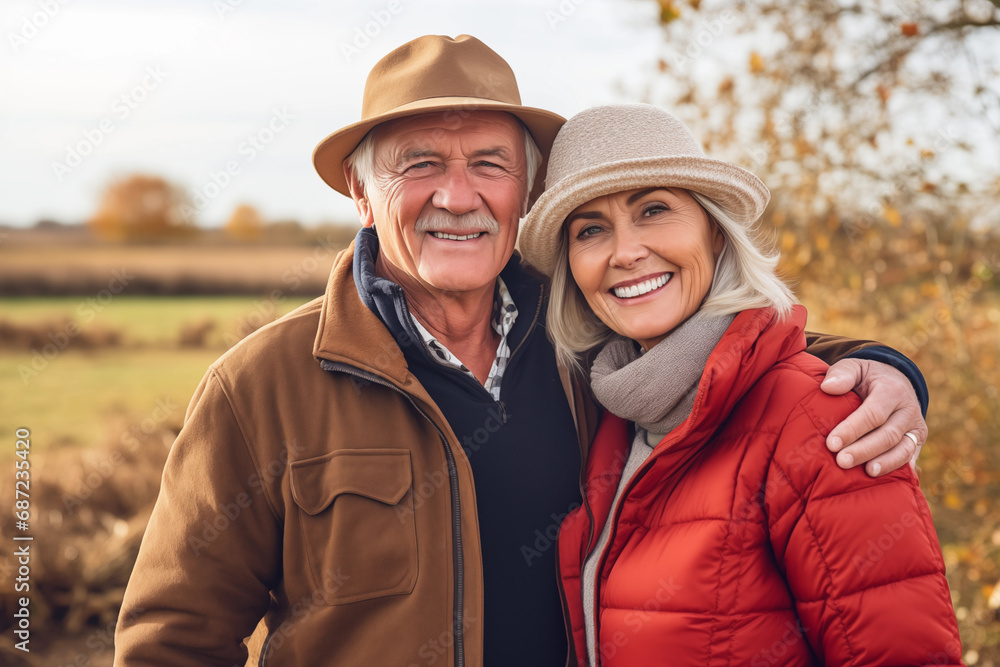 Portrait of happy senior couple embracing each other and looking at camera in autumn park or field Portrait of happy senior couple embracing each other and looking at camera in autumn park or field