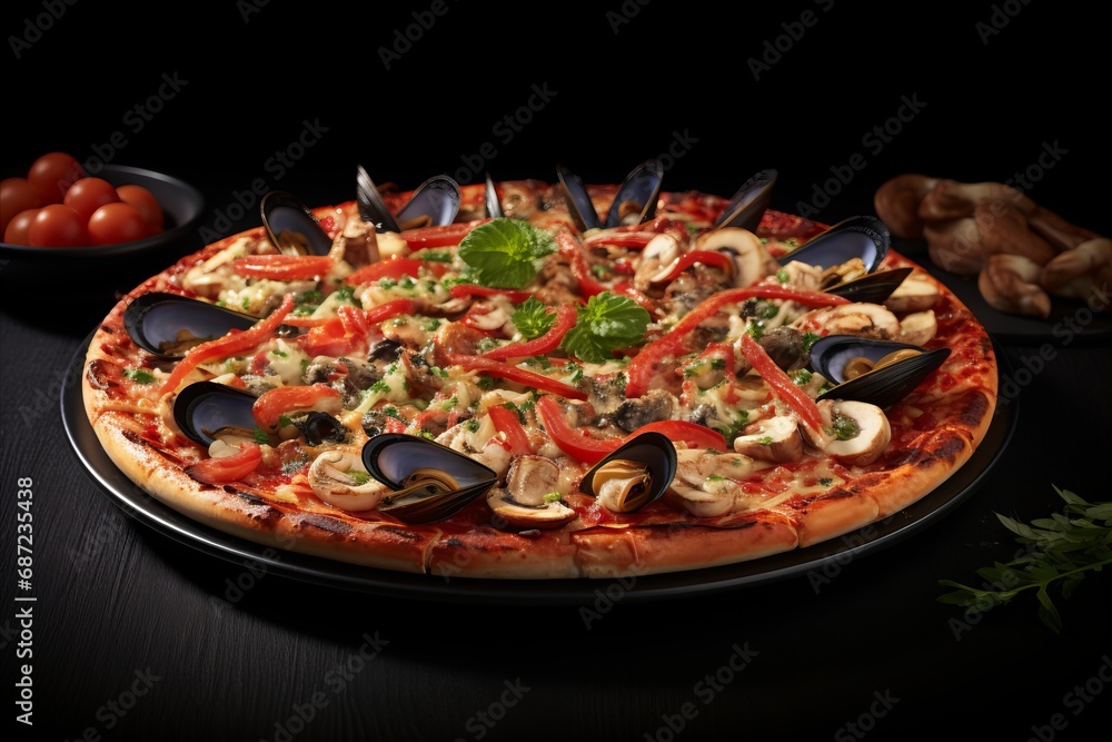 Exotic Seafood Pizza. Juicy Shrimp, Mussels, and Squid - Vibrant and Tempting Image