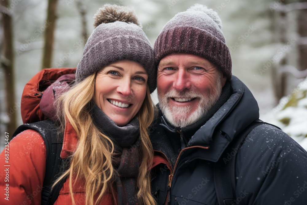 Portrait of happy couple looking at camera while hiking in snowy forest