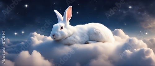 White Rabbit Soaring in the Night Sky Among Clouds with moon
