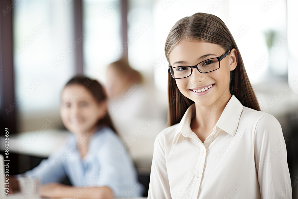 A happy young pupil, girl in a classroom, wearing glasses, symbolizing academic success and positivity. A happy young pupil, girl in a classroom, wearing glasses, symbolizing academic success and positivity.