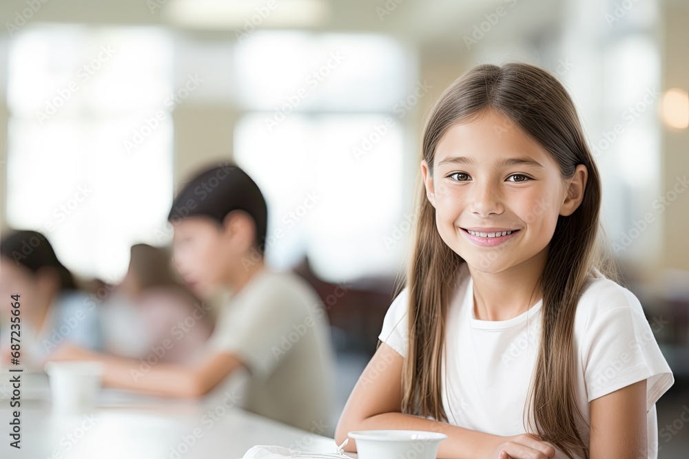Obraz premium A happy, cute girl in a classroom, smiling, studying, and sharing a moment of joy.