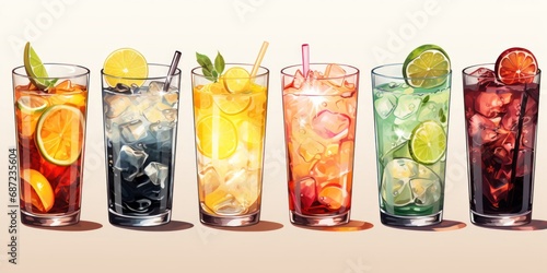Row of Colorful Glasses Filled With Various Types of Drinks Generative AI