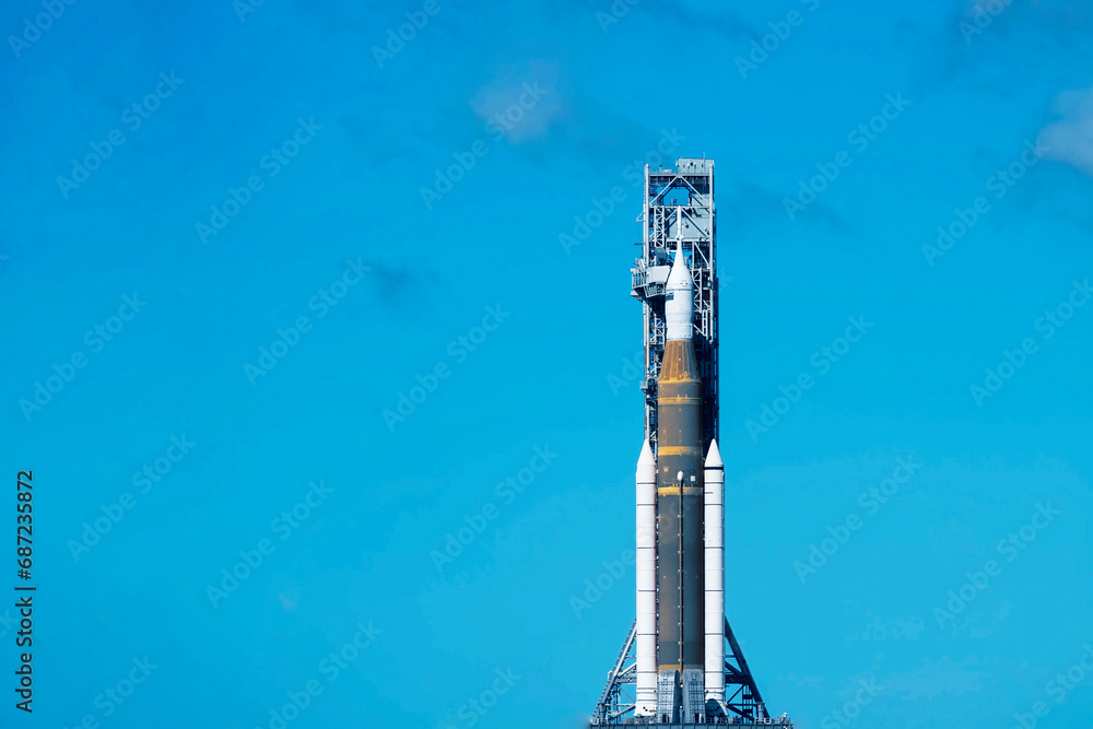 The launch of a spaceship into space. Elements of this image furnished by NASA