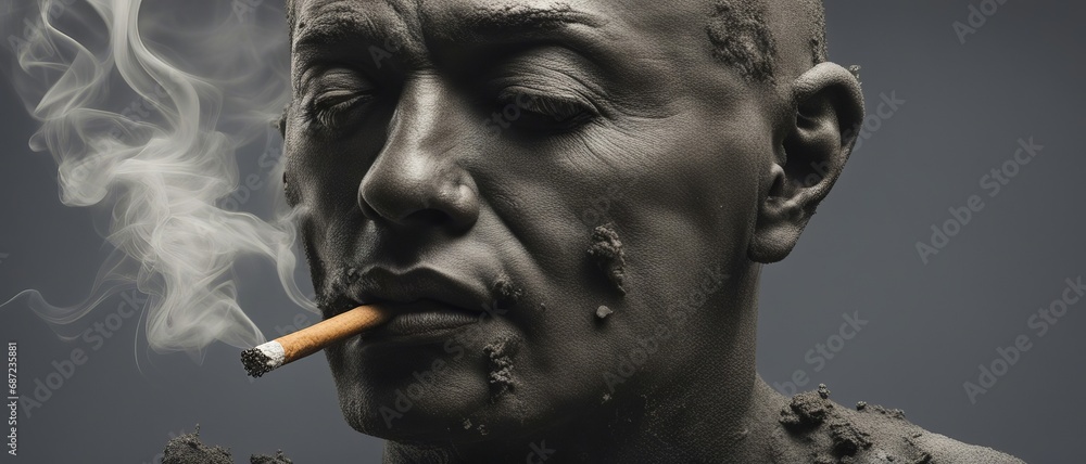 Fototapeta premium Smoking a cigarette makes a person shrivel, age and get sick