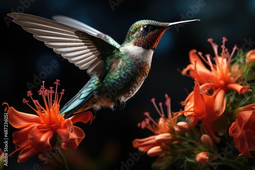 A vibrant and delicate rufous hummingbird gracefully flits among colorful flowers, its iridescent feathers shimmering in the warm sunlight