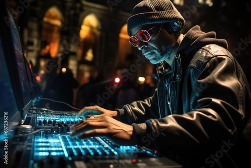 A stylish audio engineer donning a sleek black jacket and beanie, complete with sunglasses and a mixing console, prepares to spin tunes indoors as a disc jockey
