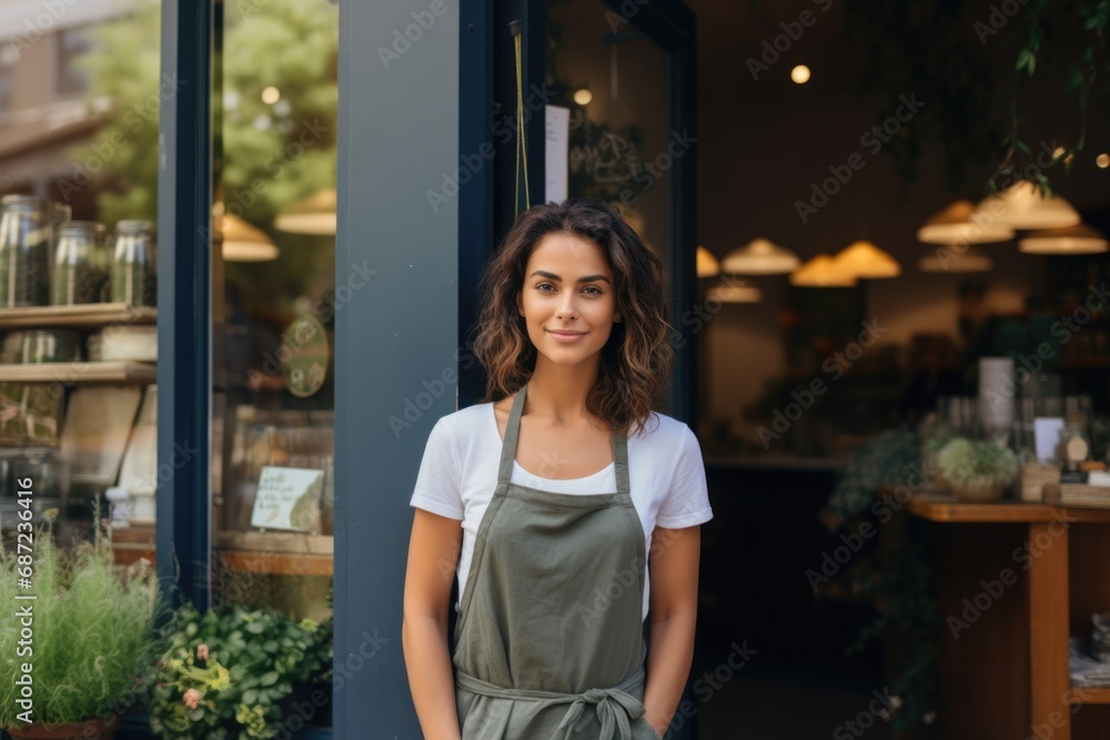 Portrait of a female small business owner standing in front of her establishment