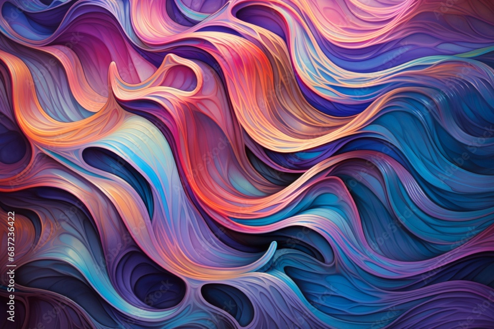 Waves of iridescent ripples cascading across a dark canvas, creating an illusion of fluid, luminescent movement.