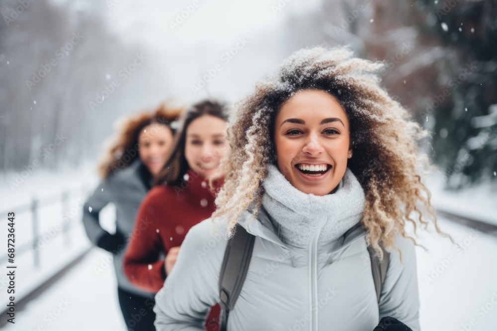 Group portrait of young women running outside in the snow