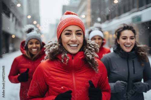 Group portrait of young women running outside in the snow © CojanAI