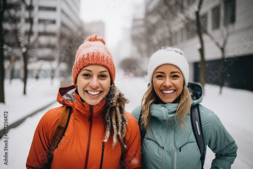 Group portrait of young women running outside in the snow