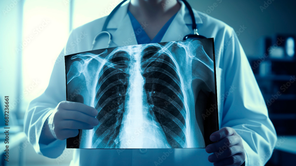 Dorcot looking at a holographic X-ray of lungs, bones and joints, modern medicine. Generative AI Dorcot looking at a holographic X-ray of lungs, bones and joints, modern medicine. Generative AI