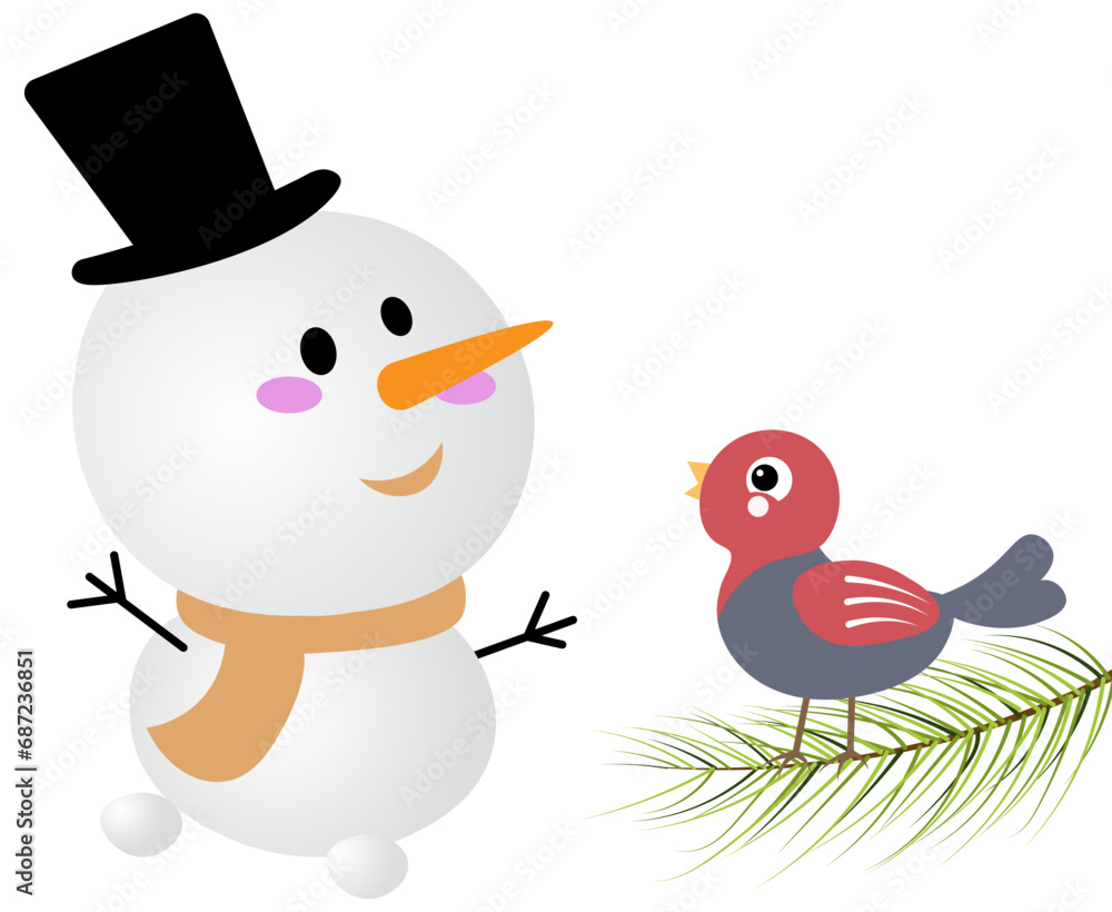 Christmas story time. Snowman and bird on a Christmas tree branch. Christmas and New Year vector composition. Christmas story time. Snowman and bird on a Christmas tree branch. Christmas and New Year vector composition.