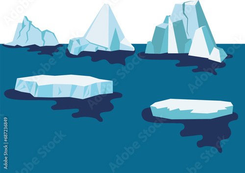 Set of icebergs, frozen blocks of ice floes on a dark background. Winter elements, pieces of Iceberg.
