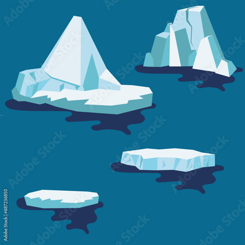 Set of icebergs, frozen blocks of ice floes on a dark background. Winter elements, pieces of Iceberg.
