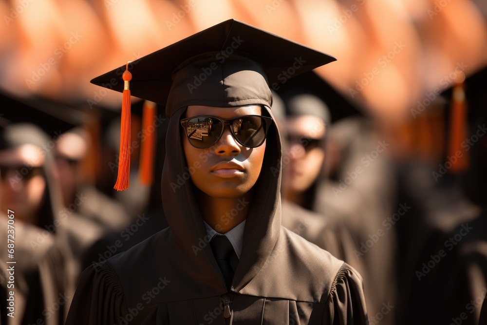 A scholar, with glasses perched on their face and wearing a graduation gown and cap, stands outdoors at their commencement ceremony, representing the hard work and achievement of their college educat A scholar, with glasses perched on their face and wearing a graduation gown and cap, stands outdoors at their commencement ceremony, representing the hard work and achievement of their college educat