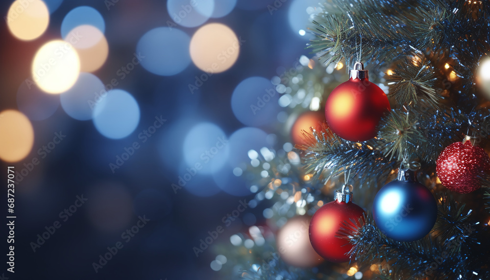 Blue Christmas Tree with Ornaments and Bokeh Lights