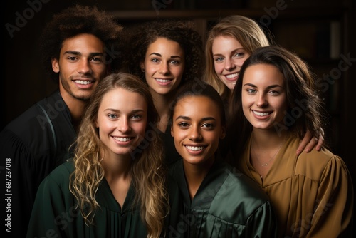 A cheerful group of friends, consisting of both young girls and women, strike a pose indoors while showcasing their stylish clothing and genuine smiles, capturing the essence of youthful happiness an