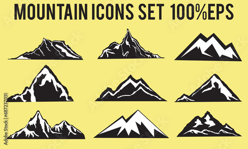 Mountain logo icon collection. 9 Set of black mountain icons.White background. Vector 100% EPS