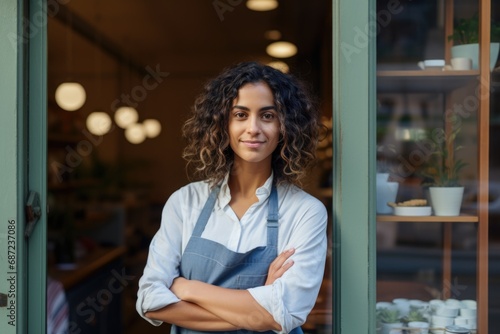 Portrait of a female small business owner standing in front of her establishment