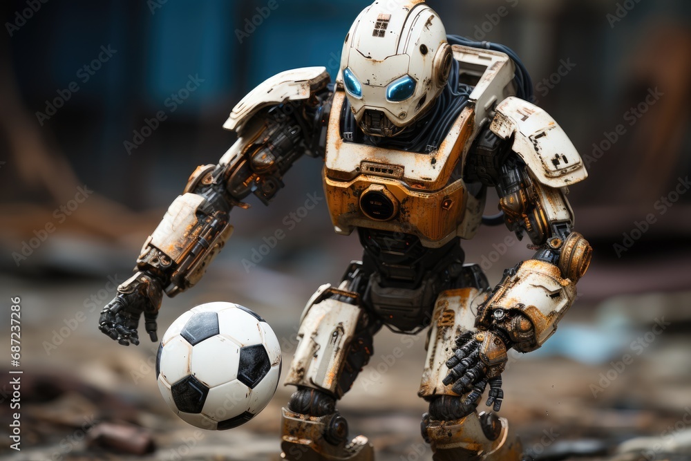 A mechanical marvel, this robot's nimble movements with a soccer ball showcase the perfect blend of technology and sport, evoking feelings of wonder and excitement A mechanical marvel, this robot's nimble movements with a soccer ball showcase the perfect blend of technology and sport, evoking feelings of wonder and excitement