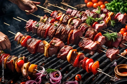 Marinated beef BBQ Skewers  Skewered marinated raw red meat  barbecue pork and lamb shashlik shish kebab 